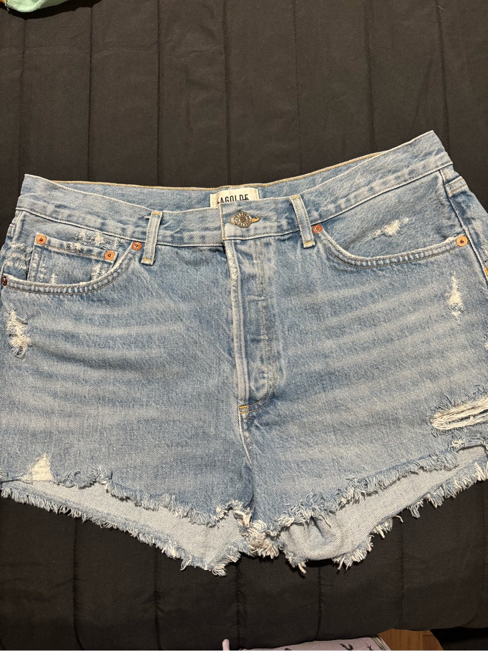 Agolde Faded Light Blue High-Rise Distressed Denim Shorts